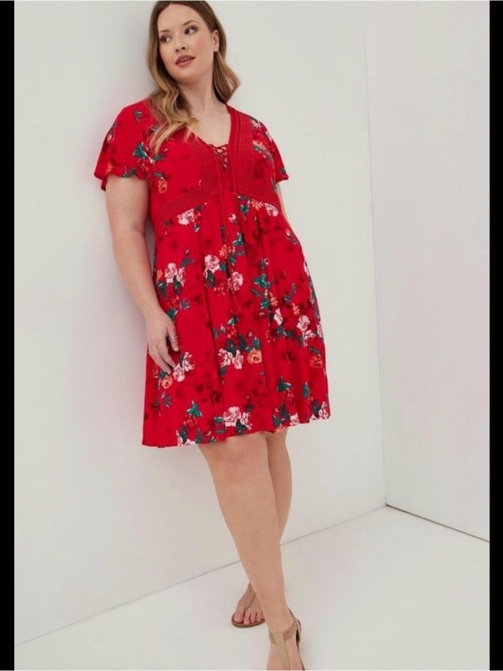 Torrid red floral summer gauze shirtii flutter sleeves lace up skater dress 1X